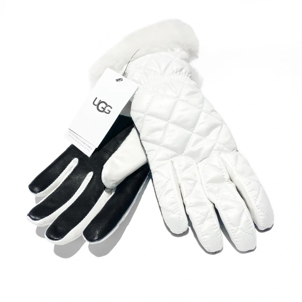 UGG White Black Quilted Shearling Trim & Leather Gloves NWT